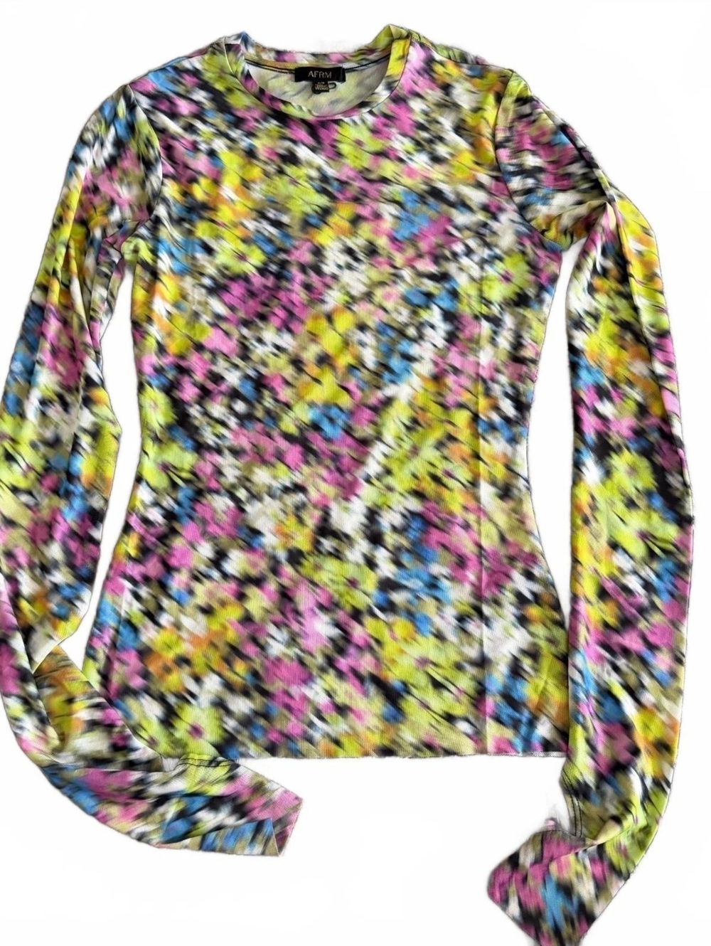 AFRM Size Small Multicolor Abstract Print Sheer Mesh Long Sleeve Top